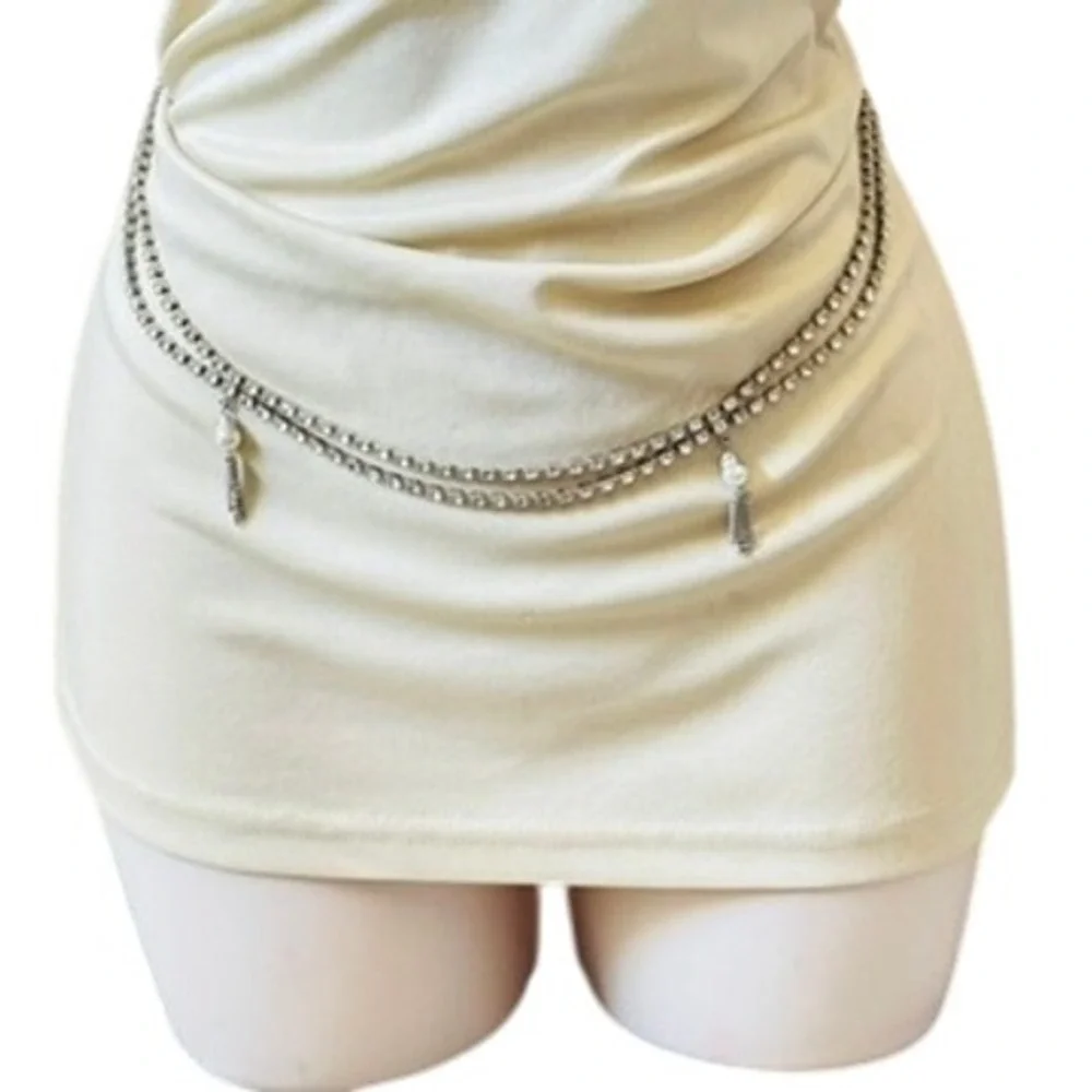 VTG rhinestone silver tone chain fringe Belt Necklace pearl tassel statement 38